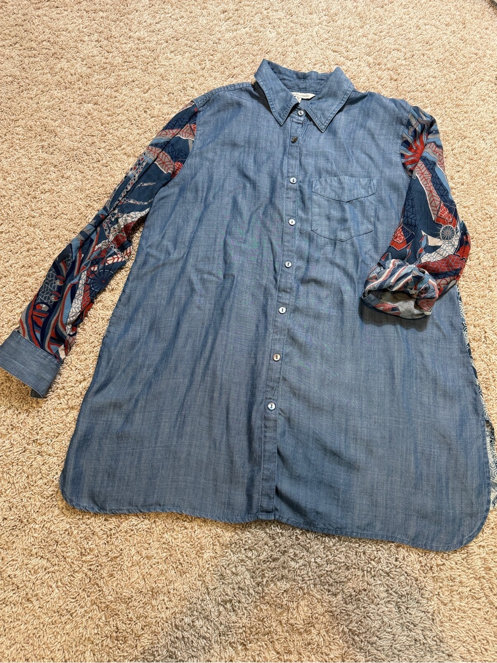 John Mark Mixed Print Chambray Button-Down Tunic Blue Size Medium